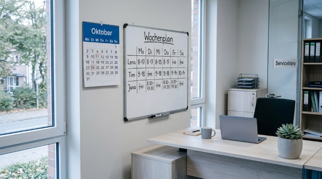 Helles Büro mit Whiteboard-Wochenplan und Oktoberkalender – Arbeitszeiten und freie Tage eines kleinen Teams