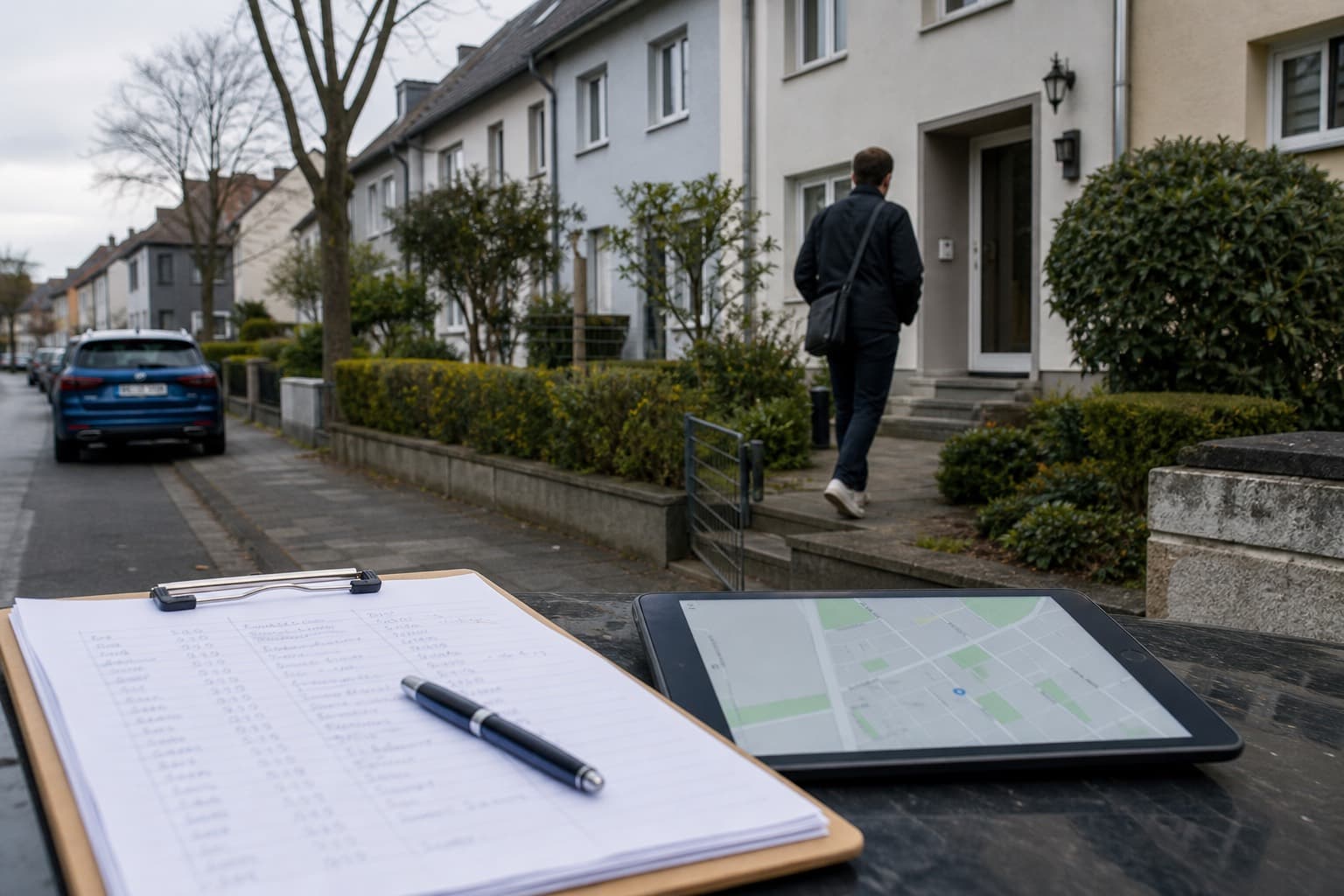 Reihenhäuser an einer ruhigen Straße, im Vordergrund Klemmbrett und Tablet – Symbol für Door-to-Door-Vertrieb vor Ort