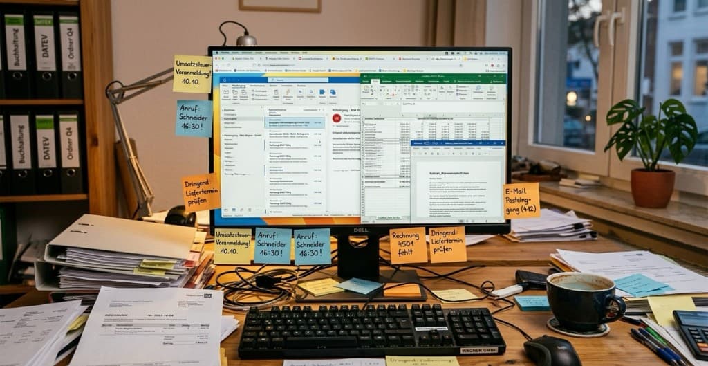 Cluttered desk with a monitor showing Outlook and Excel, sticky notes, and paper stacks – symbolizing fragmented IT