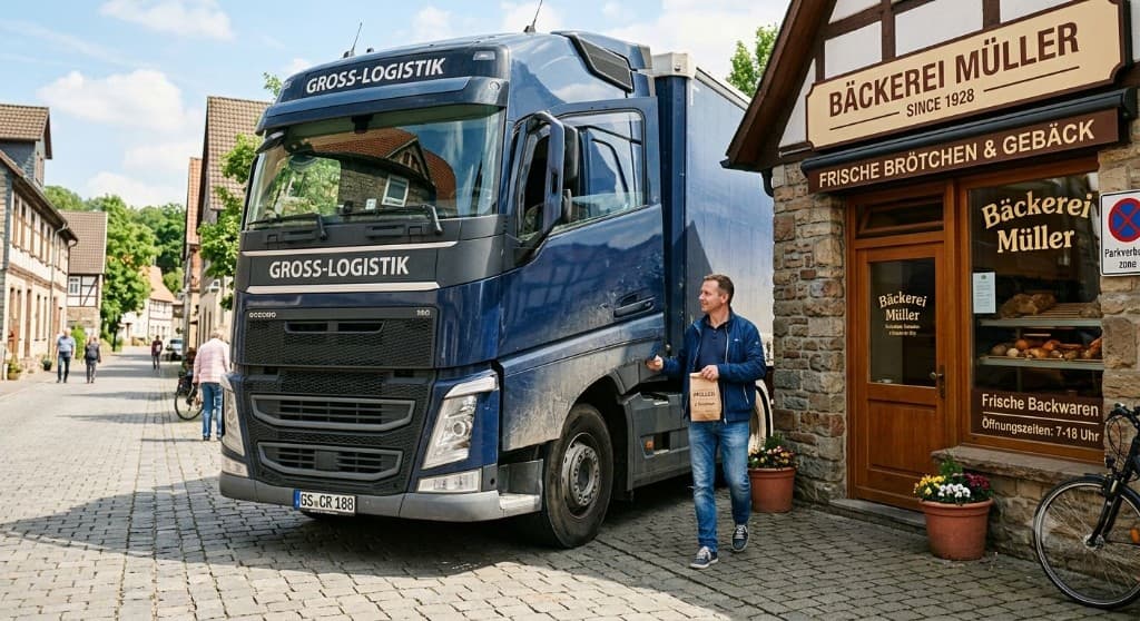 Semi-truck parked outside a small bakery – symbolizing oversized off-the-shelf software